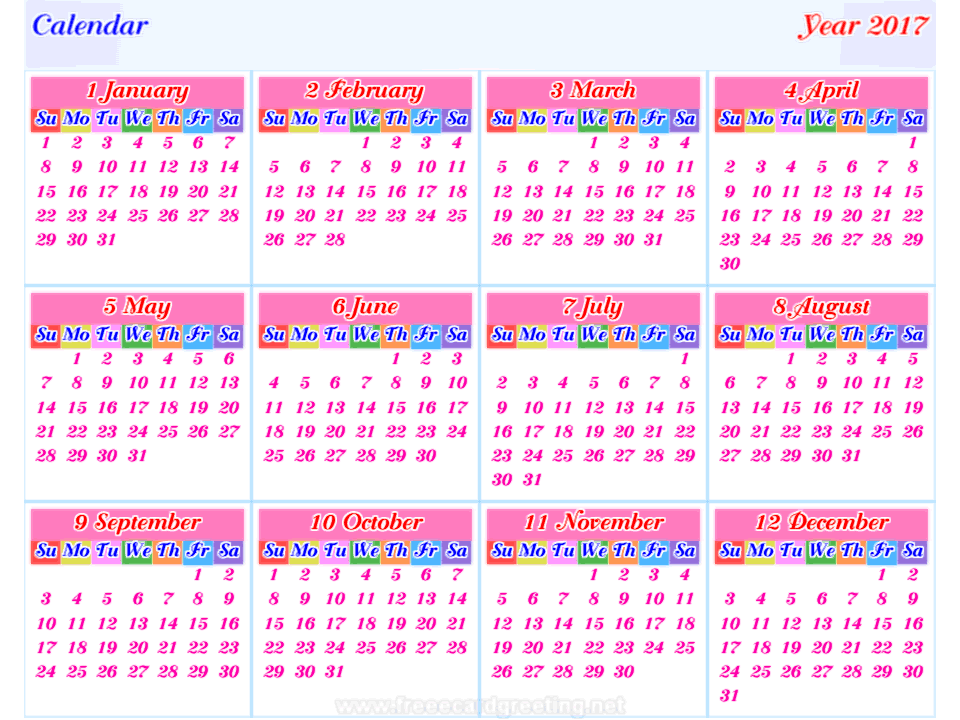 calendar 2017 horizontal