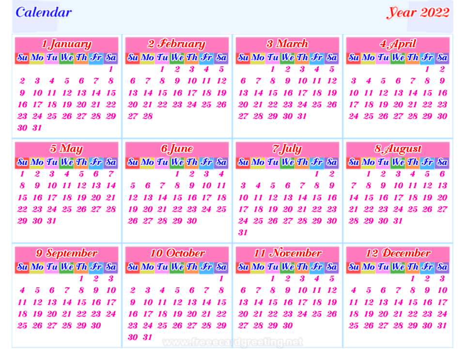 calendar 2022 horizontal